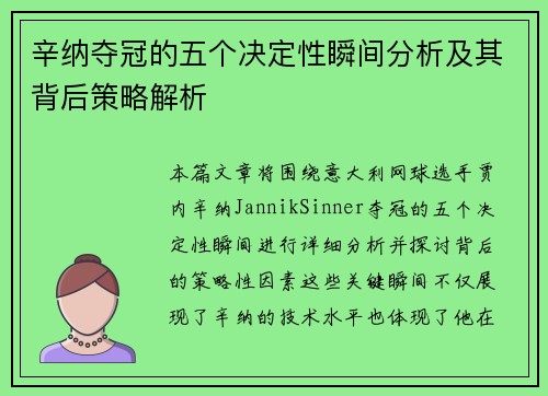 辛纳夺冠的五个决定性瞬间分析及其背后策略解析